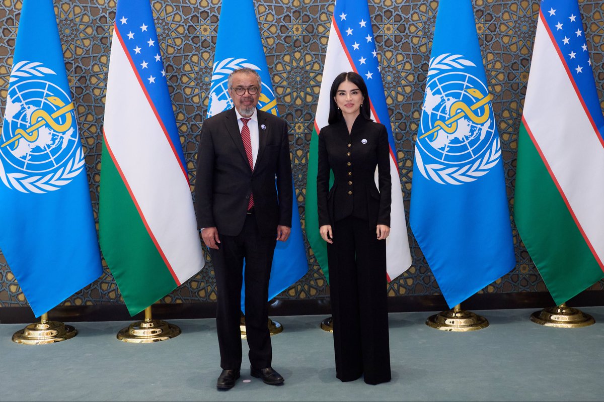 SMirziyoyeva's tweet image. On the sidelines of the Samarkand forum on countering drug threats, I met with @DrTedros Adhanom Ghebreyesus, Director-General of @WHO.

We discussed key priorities for further strengthening cooperation between #Uzbekistan and the #WHO. Particular attention was given to ongoing