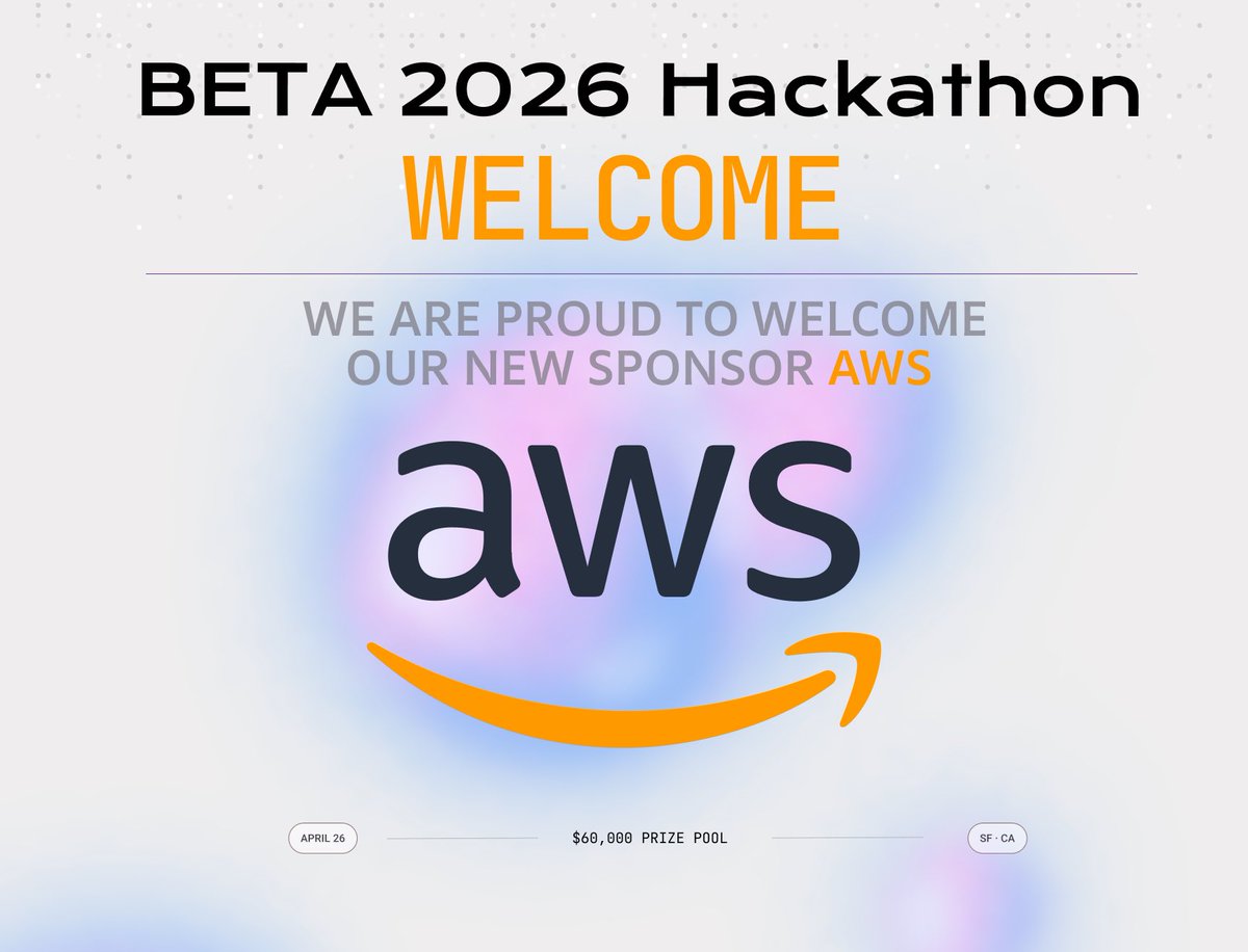Beta_ucb's tweet photo. Proud to welcome @awscloud as sponsor for the 2026 BETA Hackathon.

Prize pool now at $60,000+

Building one of the most high-signal AI hackathons at San Francisco.

#BETAHackathon #AI #Berkeley #Hackathon #SF https://t.co/3V24wGkYBs