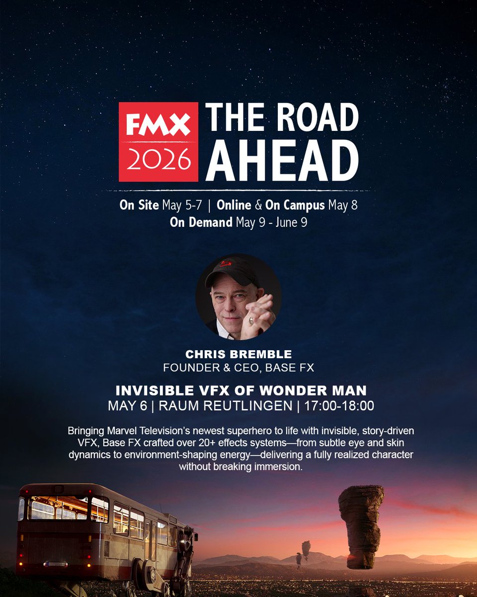base_fx's tweet photo. Excited to share that Base FX Founder & CEO Chris Bremble will be speaking at @FMX_Conference, presenting a feature talk on the crafted visual effects behind Marvel Television’s #WonderMan.

Looking forward to seeing everyone at FMX2026!

Learn more about the talk: https://t.co/rU8RQAr31v

#FMX2026