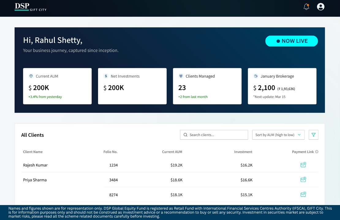 Attention empanelled distributors, your dashboard is now live.

Track AUM, net investments, brokerage, and client-level details in one place.

Log in: giftcity.dspim.com/distributor

Not empanelled yet? You can do it digitally too.

<a href="/KalpenParekh/">Kalpen Parekh</a> <a href="/ushinair/">ushanair</a> <a href="/ManishRathiDSP/">Manish Rathi</a>