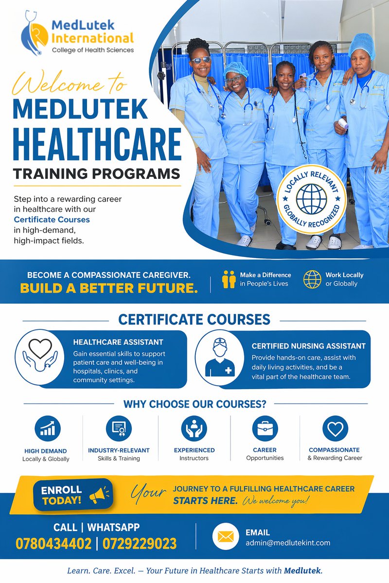 medlutek's tweet photo. Join our Healthcare Assistant (HCA) | Certified Nursing Assistant (CNA) program.

Call | WhatsApp: 0780434402 | 0729229023
Email: admin@medlutekint.com
Application Link: https://t.co/Q60E8M1N2A

#HealthcareCareers #CNAProgram #HCATraining #StudyHealthcare #CareerGrowth https://t.co/INHBsXfGkX