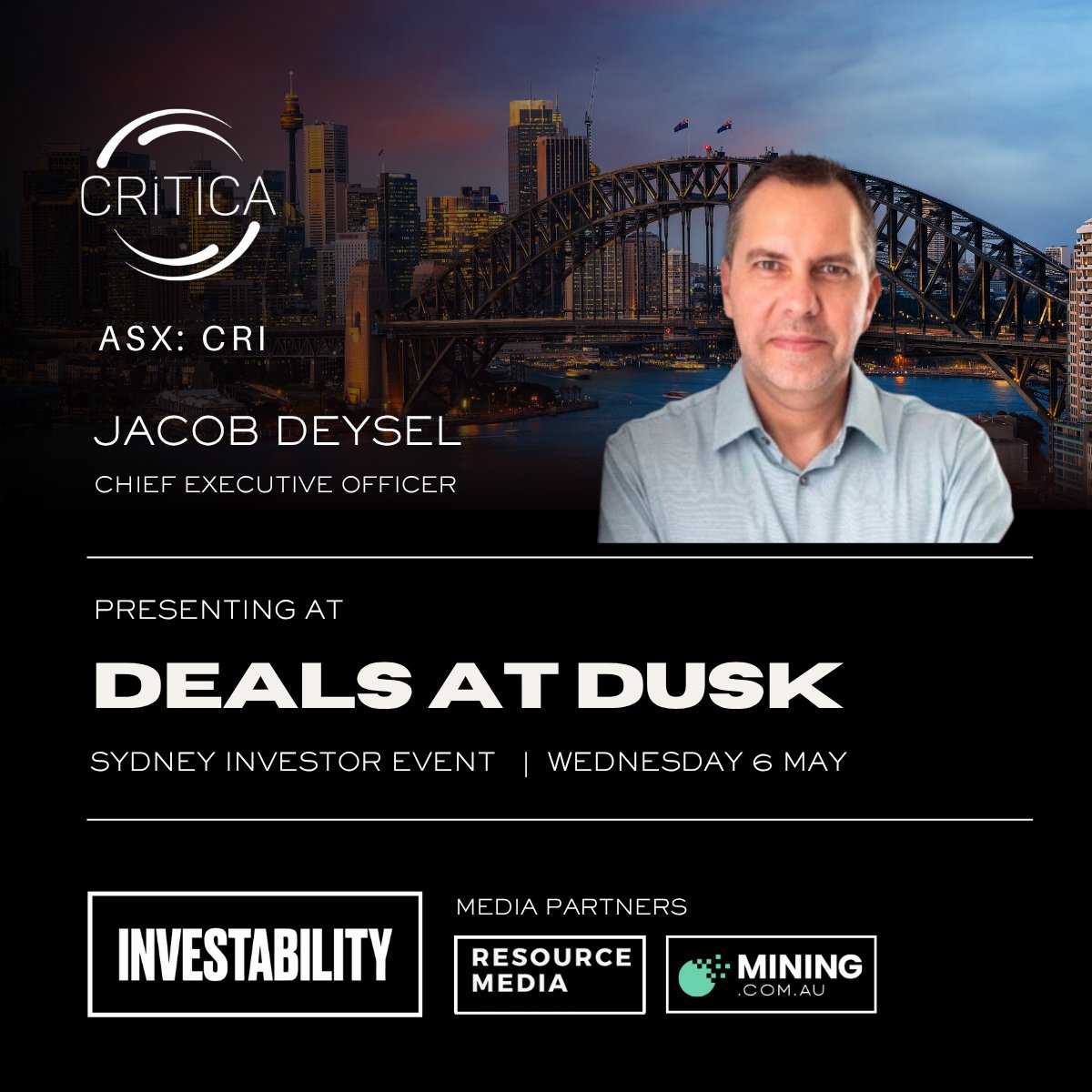 We're pleased to announce Jacob Deysel (Chief Executive Officer, <a href="/Critica_CRI/">Critica Limited</a>  as a speaker at Deals at Dusk, Wed 6 May, The Royal Exchange, Sydney. 

Register at: lnkd.in/gS3dDDQH or request a 1-on-1 meeting at events@investability.com.au