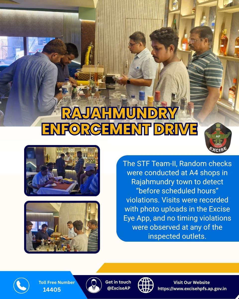 exciseAP's tweet image. 🚨 STF Team-II | Rajahmundry Checks
🔍 Random inspections at A4 shops for early-hour violations
📸 Visits recorded via Excise Eye App
⏱️ No “before scheduled hours” violations detected
✅ All outlets compliant

#STF #Rajahmundry #ExciseEnforcement #Compliance #PublicSafety