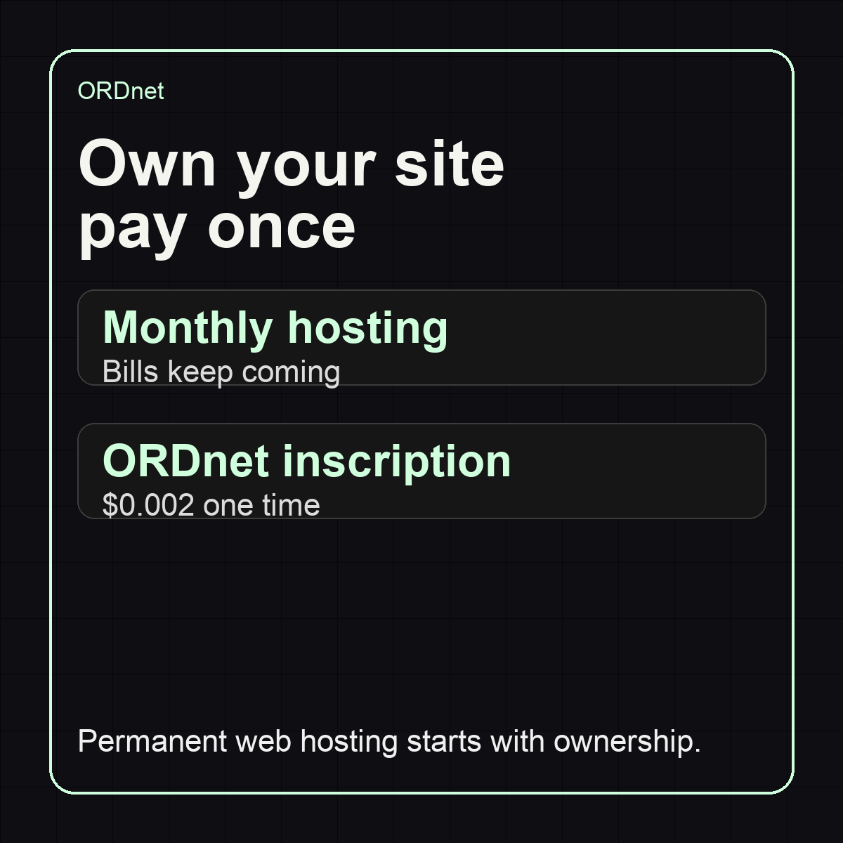 TrueWeb3Hosting's tweet image. A page does not need another renewal cycle around it. With ORDnet, HTML inscriptions start around $0.002 and stay tied to your wallet. hello.ordnet.io #ORDnet #WebHosting #BSV #DigitalOwnership