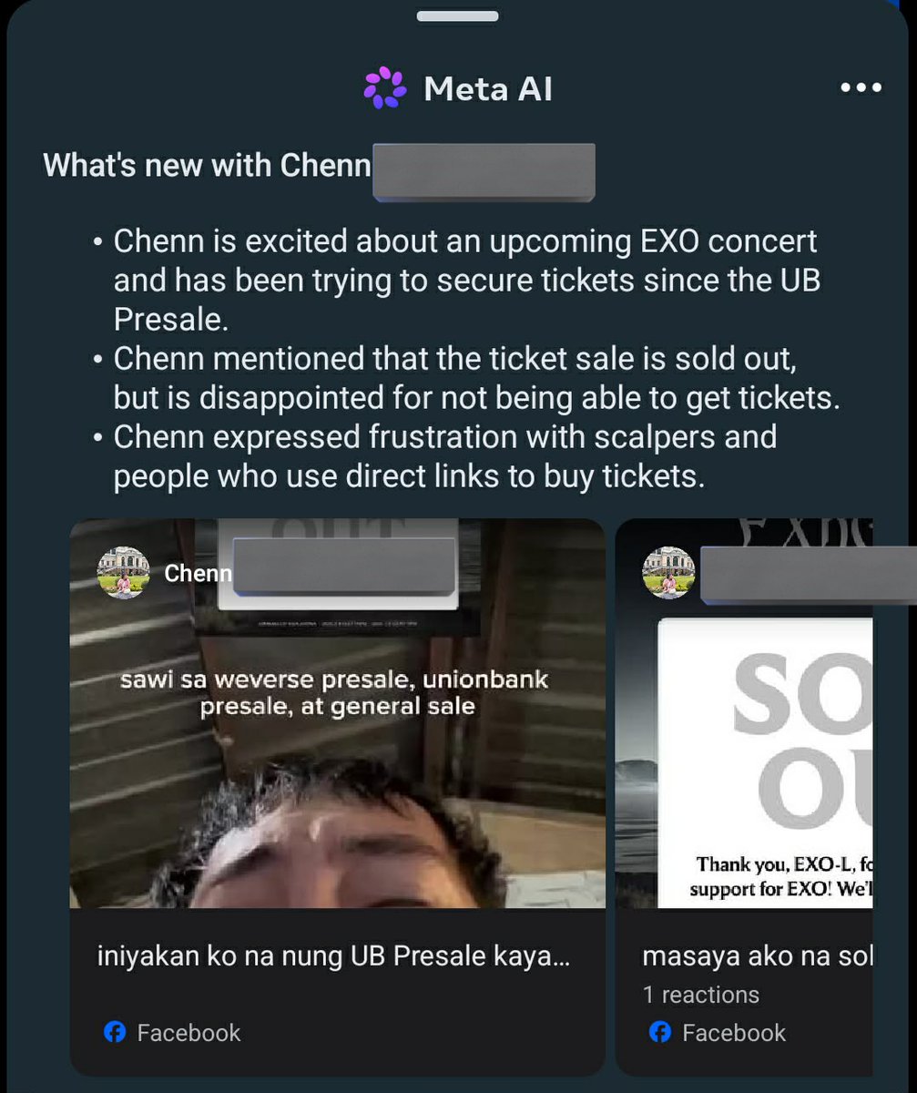 exo_cee's tweet photo. I'm wheezing lol my friend sent this Meta AI summary. Parang sinasampal ako sa katotohanan na di ako nakakuha ng EXO con ticket. Yawa yan 😭😭😭 https://t.co/46aCMsiCGV