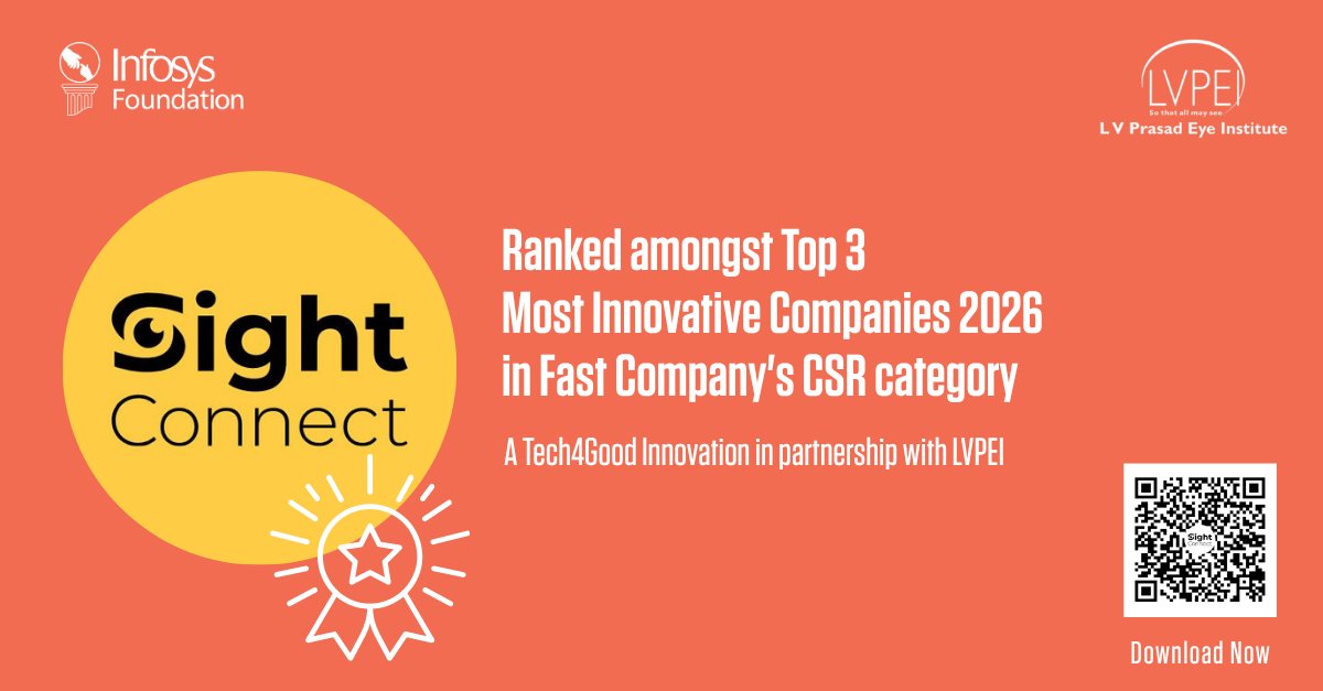 Infy_Foundation's tweet image. Expanding access to eye care through technology. Infosys ranks among Fast Company’s Top 3 Most Innovative Companies globally (CSR) 2026. SightConnect, supported by #InfosysFoundation with LVPEI, enabled eye screening for 1,21,000+ patients in 12 months.
#TechForGood #SightConnect