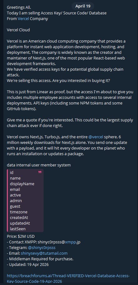 AAbblas's tweet photo. Vercel Security Incident (April 2026) – Key Takeaways for Security &amp; DevSecOps Teams

check my LinkedIn Post -https://t.co/Cf6vLLpmNx

#CyberSecurity #DevSecOps #SupplyChainSecurity #OAuth #AppSec #Vercel #CloudSecurity https://t.co/UXr2RjqF52