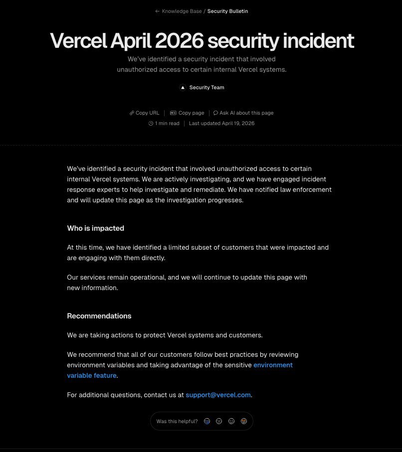 AAbblas's tweet photo. Vercel Security Incident (April 2026) – Key Takeaways for Security &amp; DevSecOps Teams

check my LinkedIn Post -https://t.co/Cf6vLLpmNx

#CyberSecurity #DevSecOps #SupplyChainSecurity #OAuth #AppSec #Vercel #CloudSecurity https://t.co/UXr2RjqF52