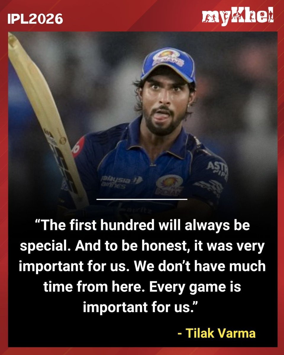 mykhelcom's tweet image. A milestone moment for Tilak Varma as he reflects on his first IPL hundred — crucial for the team and a reminder that every match counts.

#TilakVarma #MI #IPL2026 #Mykhel #OI