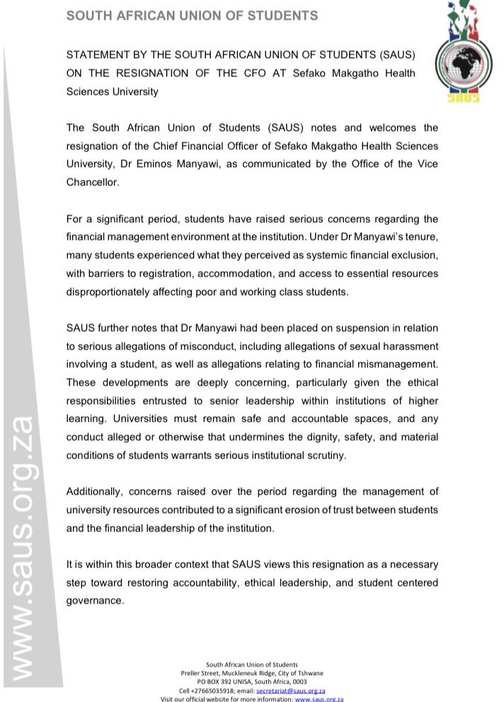 SAUS_2019's tweet image. The South African Union of Students welcomes the resignation of the CFO at Sefako Makgatho Health Sciences University, a necessary step toward restoring accountability, ethical leadership, and student-centered governance.
#SAUS #StudentVoices #HigherEducation #Accountability