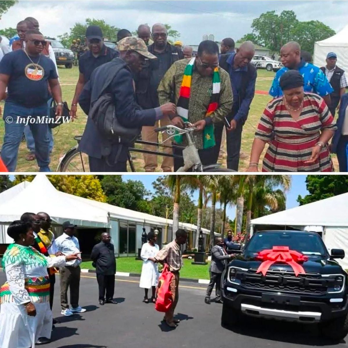 Take a look at these two pictures. On top is a War Veteran. An old man who is probably disabled from fighting for liberation. He gets a bicycle from the President.
At the bottom is a comedian who is gifted a brand-new Ford Raptor worth $120,000.
Behold a shameless President!!