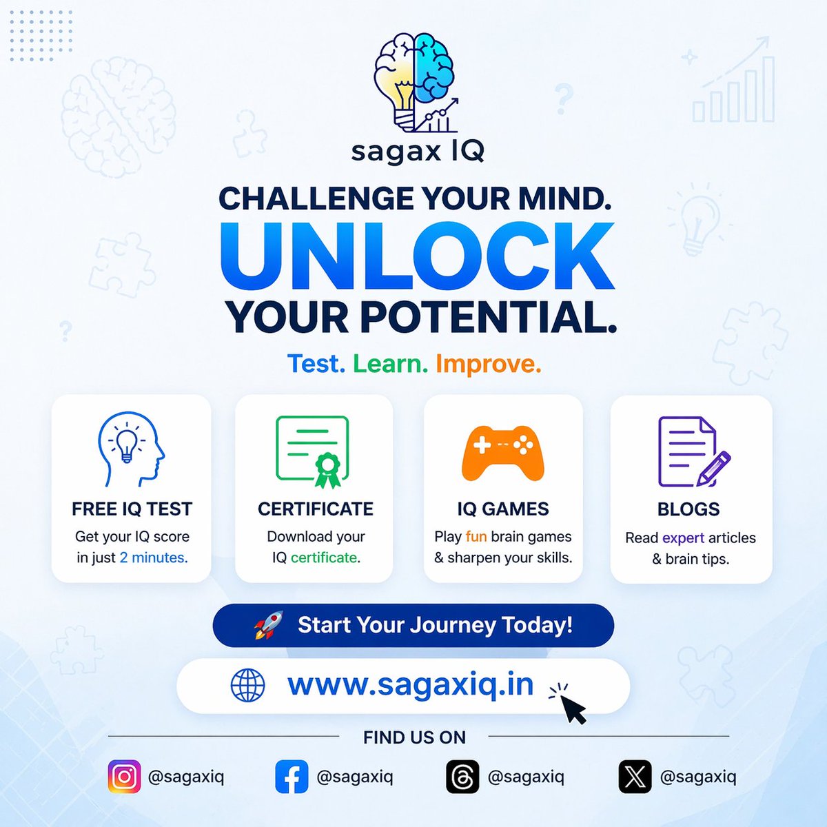 SagaxIQ's tweet image. 🚀 What you get:
• Free IQ Test (instant score)
• Downloadable Certificate 🎓
• Fun IQ Games 🎮
• Insightful Blogs 📚
All in one place. Simple. Powerful. Smart.
👉 Start now: sagaxiq.in⁠
Follow us for daily brain challenges &amp;amp; growth 💡
#iqtest #braingames #iq