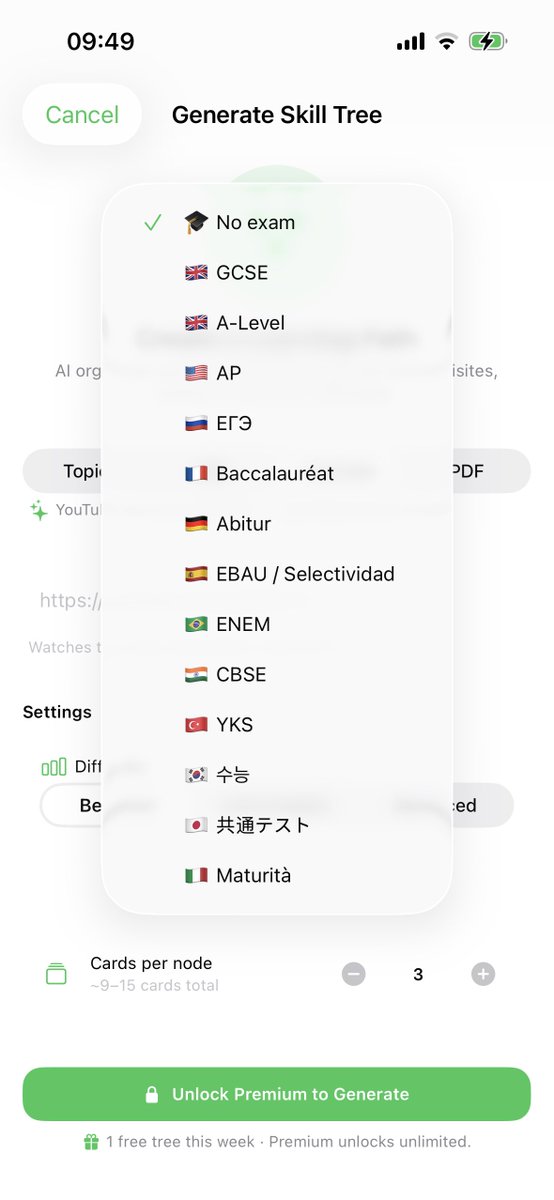 sunrizz's tweet photo. В свежей версии @CognitoAiCards расширились возможности Skill Tree. Расширился список источников (добавился YouTube например) + можно выбрать к какому экзамену готовишься и план обучения будет сформирован соответствующе. https://t.co/ADVNUpIfxH