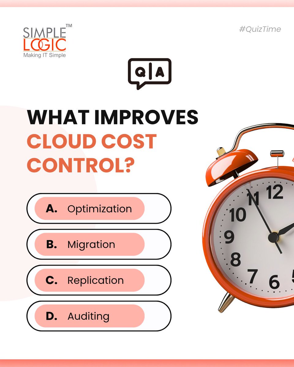 SimpleLogic_IT's tweet photo. #QuizTime
What improves cloud cost control?

A) Optimization💰
B) Migration🚚
C) Replication🔁
D) Auditing📋

Comment your answer below👇

#cloud #cloudservices #costcontrol #optimization #migration #replication #auditing  #simplelogicit #makingitsimple #itservices #itconsulting https://t.co/KHJPr44v0i