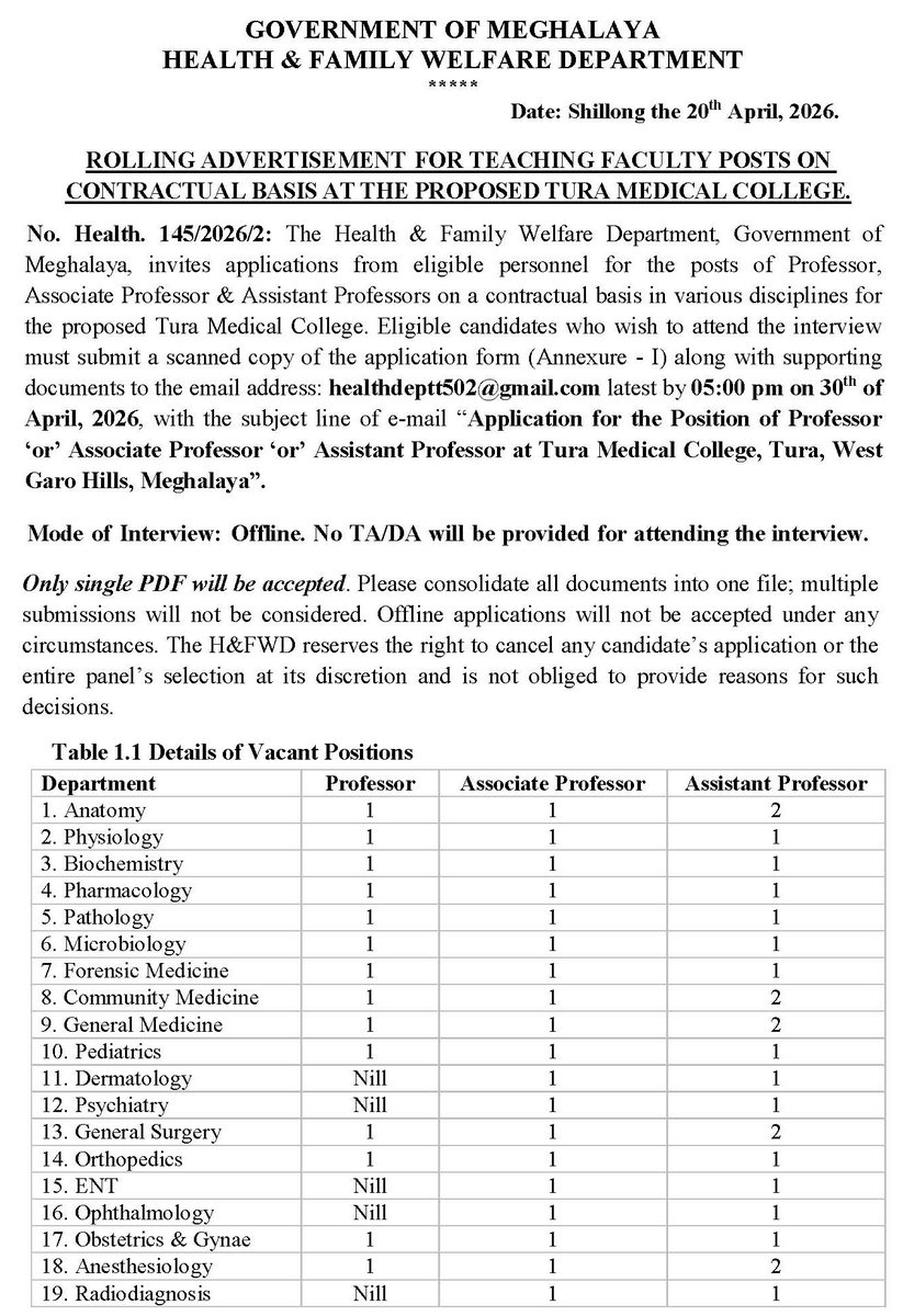 MeghalayaGov's tweet image. Rolling #Advertisement for Teaching Faculty Posts on #ContractualBasis at the Proposed #TuraMedicalCollege #Tura, #WestGaroHills District, #Meghalaya @meghalayahealth @DiprMeghalaya (meghealth.gov.in/news/Advertise…)