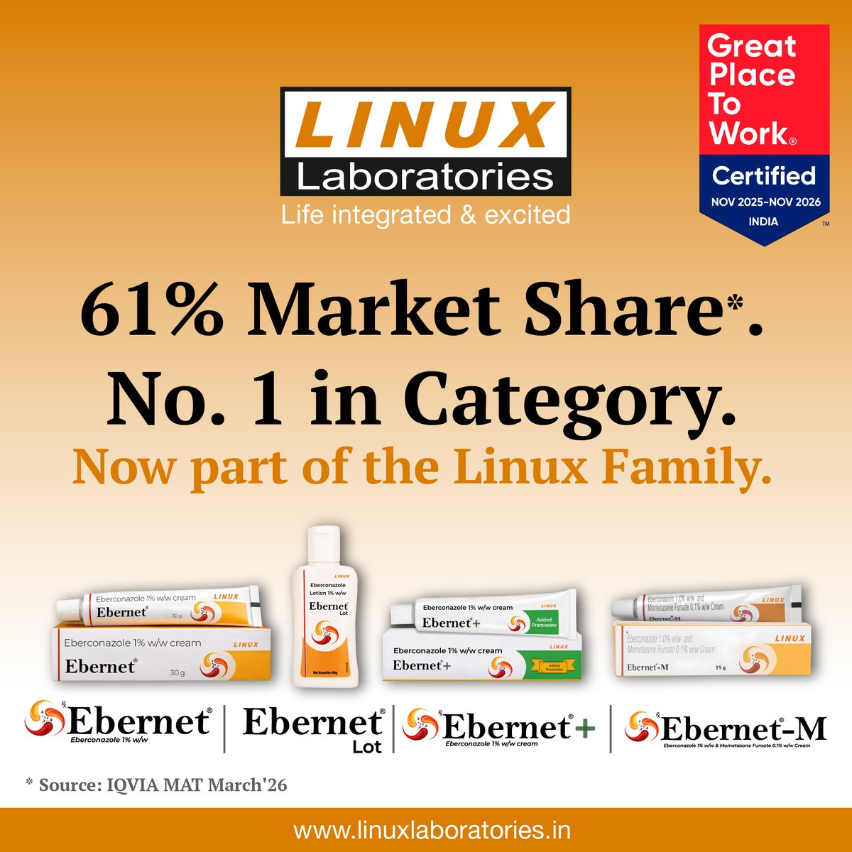 Linuxlaborator3's tweet photo. Linux Laboratories has  acquired the leading dermatology brand “EBERNET” from Dr. Reddy’s. EBERNET is the No. 1 brand in the eberconazole market with 61% MS. @IndianExpress @TOIIndiaNews @bsindia  @ETNOWlive @EconomicTimes @livemint @moneycontrolcom @DermTimesNow https://t.co/CVTVgtI0r1