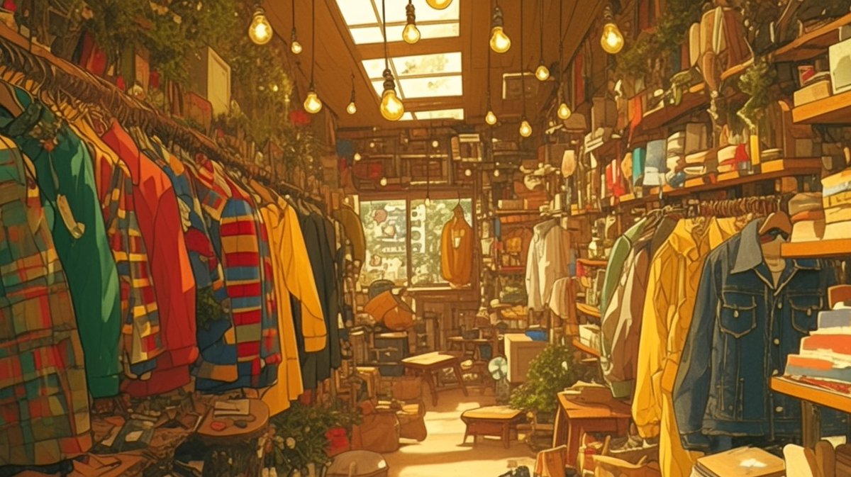 sozaiya_create's tweet photo. 🤍背景無料配布｜16:9

「古着屋さん」

サムネ・配信・TRPG等にぜひどうぞ！
使用報告不要です♡

#まいにちなちゃフリ素 #フリー素材 #背景素材
🤍利用規約：https://t.co/OaLZsGar8F https://t.co/vyas5ukZ0l