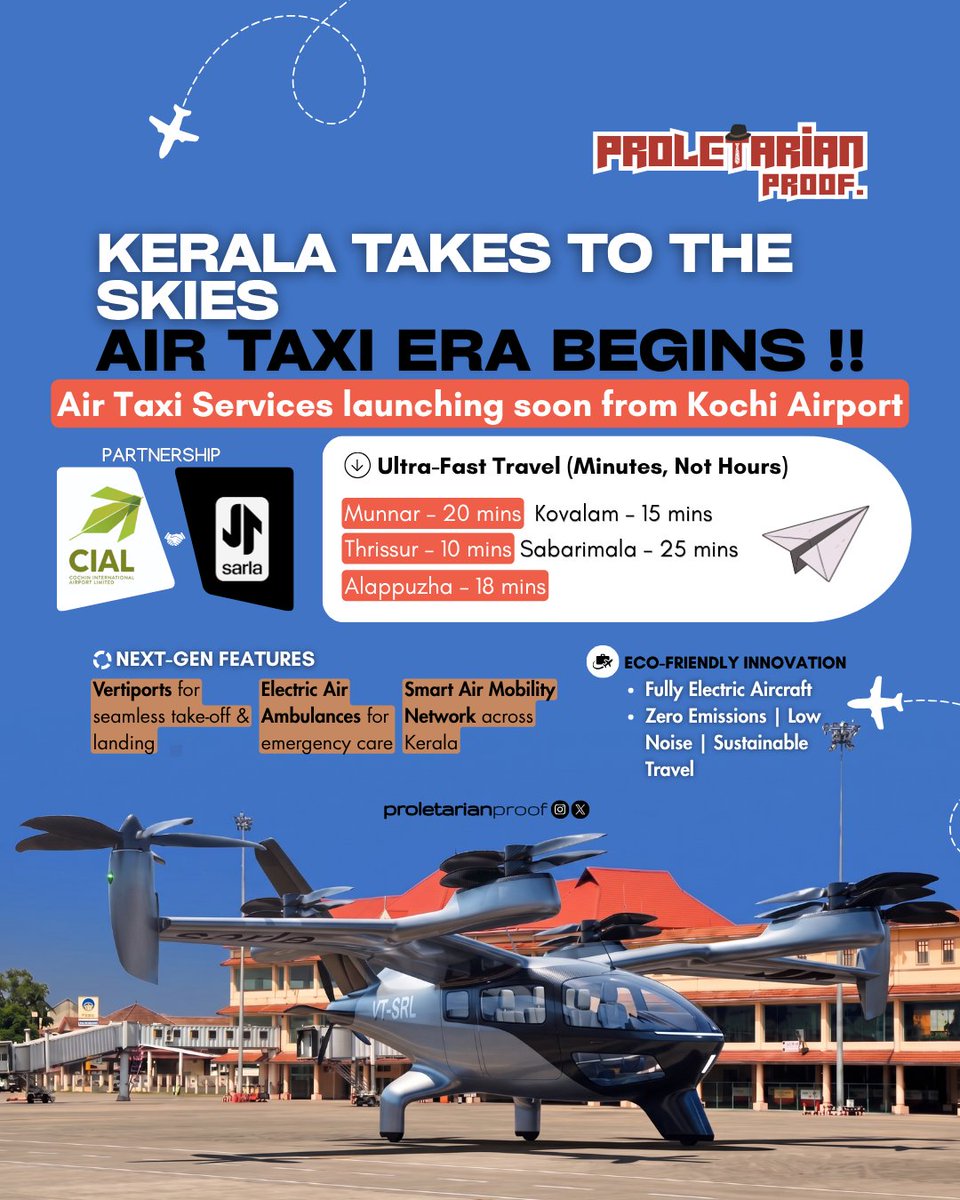 thepropruf's tweet image. Kerala is Ready to Fly 🚁🔥

Air Taxi services launching soon from Kochi connecting Munnar, Kovalam &amp;amp; Sabarimala in minutes.
⚡ Faster travel
🌱 Electric aviation
🚑 Air ambulances

#Kerala #AirTaxi #Kochi #ElectricAviation #UrbanMobility