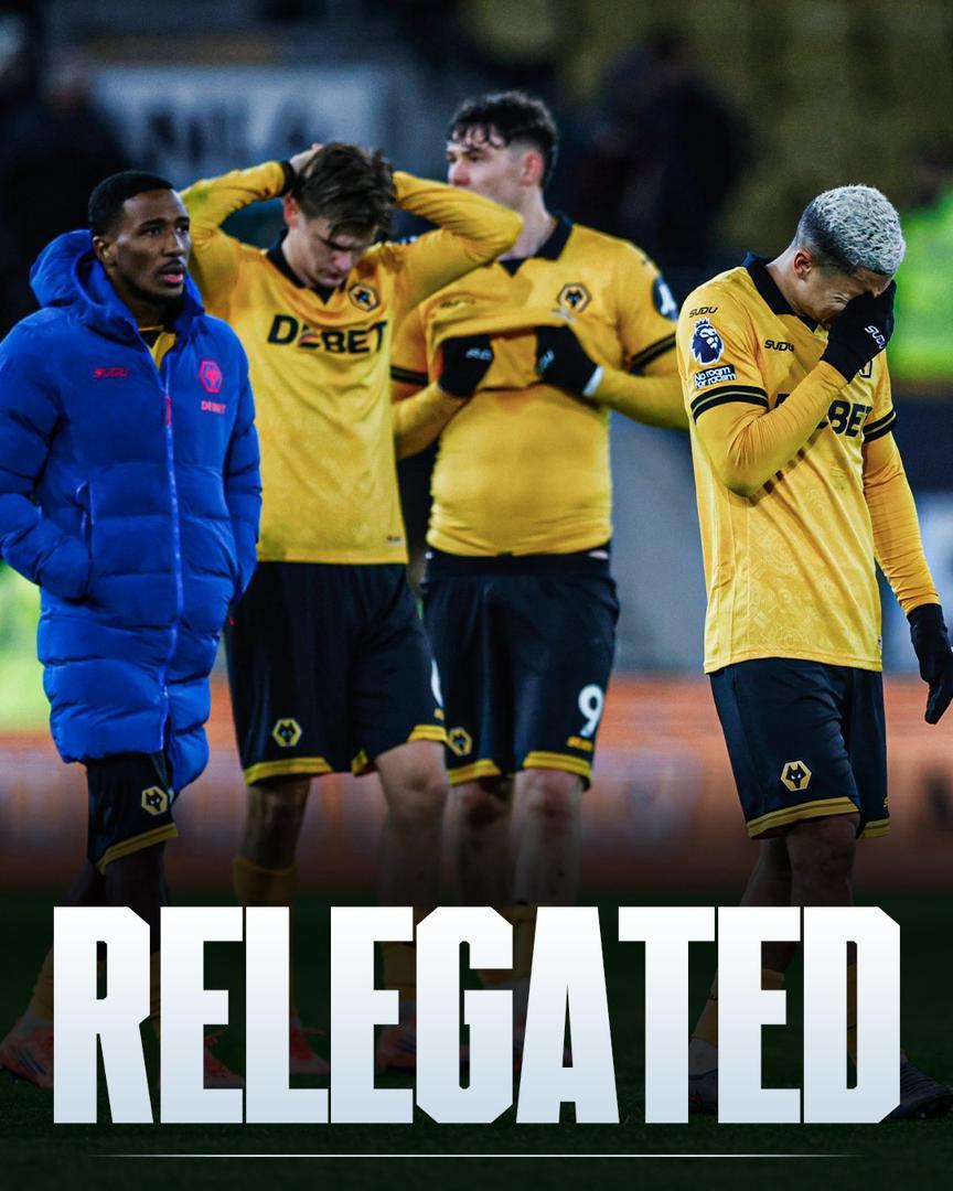 Sportypulse247's tweet photo. 🚨🔻 𝐎𝐅𝐅𝐈𝐂𝐈𝐀𝐋 | Wolves have been RELEGATED from the Premier League. 👋 

They have just 17 points from 33 games this season. https://t.co/gblGTVVrSU