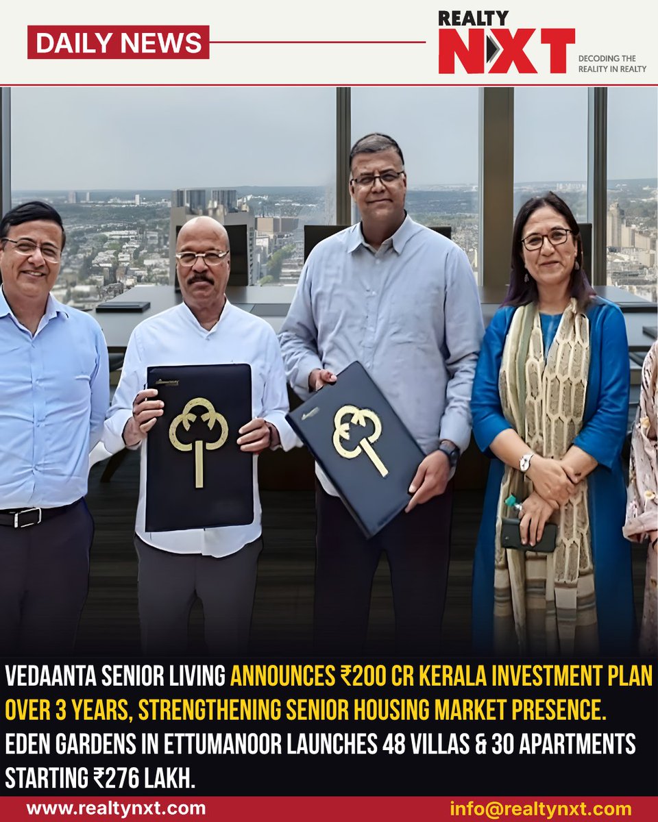 RealtyNXT's tweet image. #News | Vedaanta Senior Living invests ₹200 crore in Kerala. Eden Gardens in Ettumanoor offers villas and apartments starting ₹276 lakh, expanding senior housing footprint.

#RealtyNXT #SeniorLiving #KeralaGrowth #RealEstate #LuxuryHousing #PropertyExpansion #UrbanLiving