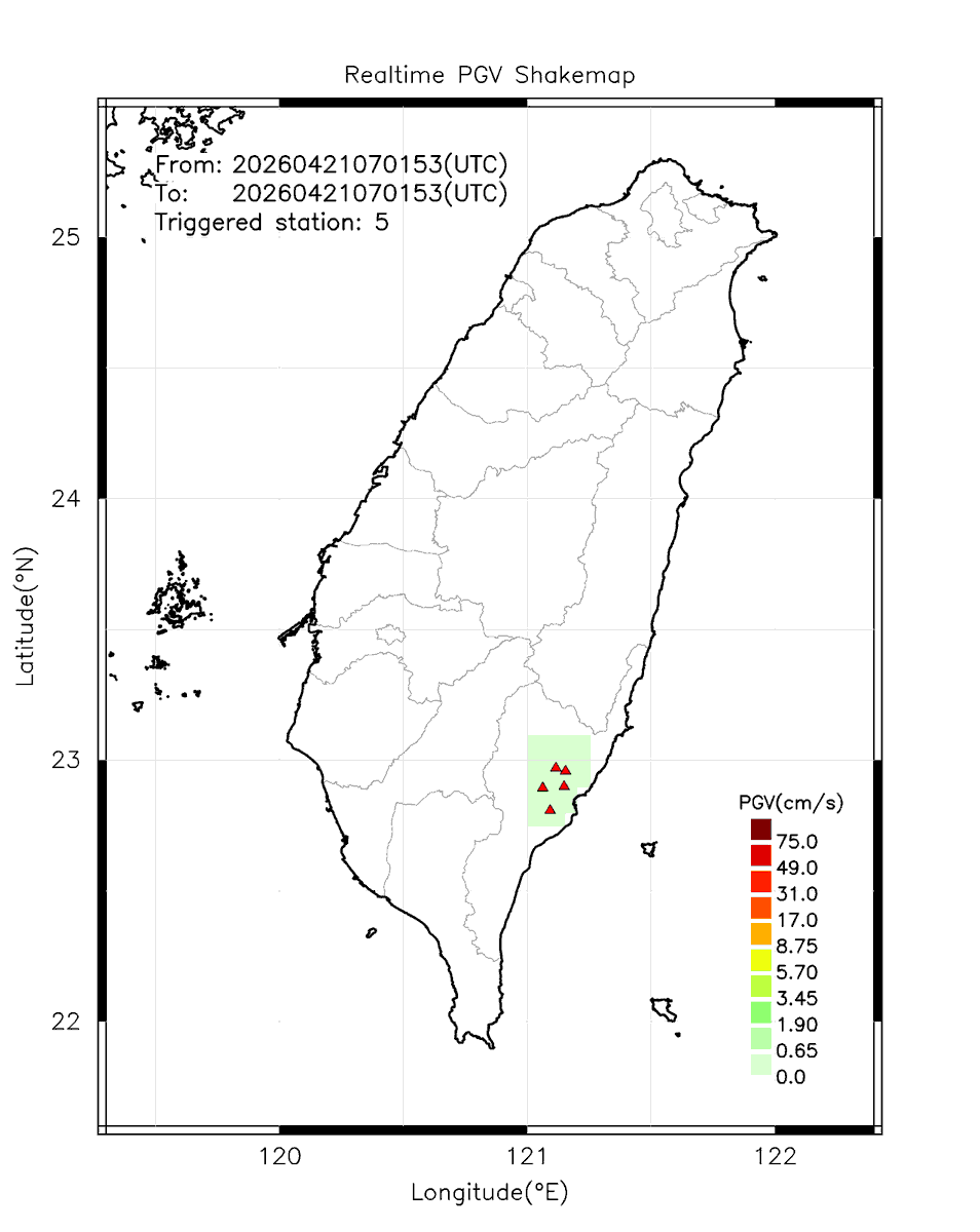 eew_p's tweet image. Automatically Plotted Shakemaps:
* 2026-04-21 15:01:53 (UTC+08:00, Taipei)
* Evt. 20260421150153, First Report.
* Total 5 triggered stations

Note: These shakemaps are not yet confirmed, for reference only!
#地震 #台灣 #earthquake #Taiwan