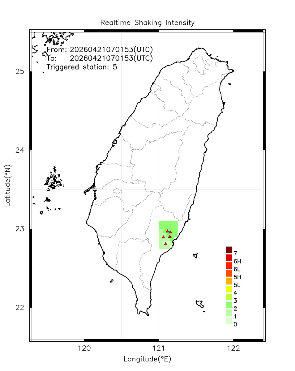eew_p's tweet image. Automatically Plotted Shakemaps:
* 2026-04-21 15:01:53 (UTC+08:00, Taipei)
* Evt. 20260421150153, First Report.
* Total 5 triggered stations

Note: These shakemaps are not yet confirmed, for reference only!
#地震 #台灣 #earthquake #Taiwan