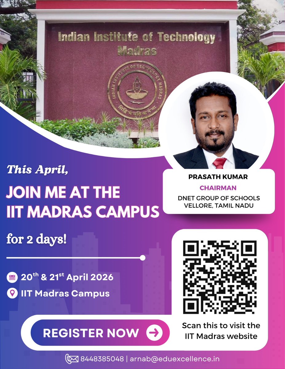 DnetFm's tweet photo. Happening now: DNET Group at IIT Madras! 🎓✨

Join our Chairman, Prasath Kumar, for the final day of our campus visit.

📍 IIT Madras 📅 Today, April 21st
Scan the QR to register or call 8448385048. Don't miss out! https://t.co/ONuJquL7qd