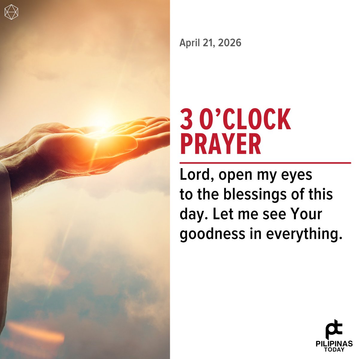 PilipinasToday_'s tweet image. Lord, open my eyes to the blessings of this day. Let me see Your goodness in everything.

#PilipinasToday
#AfternoonPrayer
#3PMPrayer