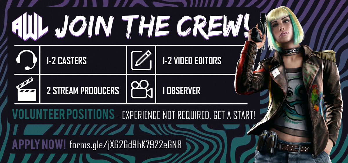 AWLOCE's tweet image. AWL is looking to expand our production and talent family! 

We are looking for:
🎮 1 Observer
🖥️ 2 Producers
🎞️ 1-2 Video Editor/s
🎙️ 1-2 Casters (not urgent)

Experience is not necessary, get start in the #esports scene!

DM us or apply at forms.gle/jX626d9hK7922e…

#AWLOCE