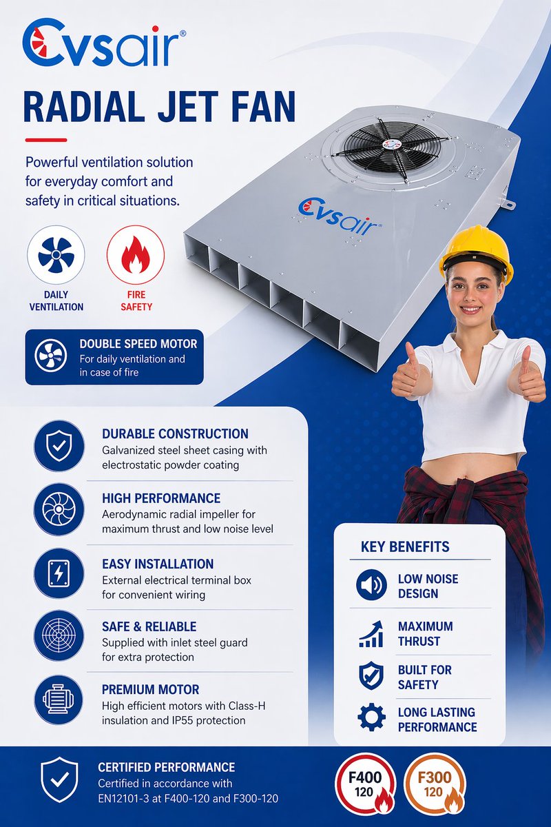 cvsair's tweet photo. Optimize your project's ventilation and safety with the CVSAIR Radial Jet Fan. 🌪️🏙️

When it comes to enclosed spaces like car parks and tunnels, compromise is not an option. You need a solution that delivers maximum performance in daily operation and unyielding reliability in emergencies.

Introducing the CVSAIR Radial Jet Fan—engineered to be the smartest, safest choice for modern infrastructure.

Why is it the Industry Benchmark?

Our Radial Jet Fan combines cutting-edge aerodynamics with robust engineering to provide dual-mode functionality: efficient daily ventilation and critical smoke control during a fire.

Key Technical Specifications:

🚀 Maximum Performance: Aerodynamic radial impeller delivers maximum thrust while maintaining surprisingly low noise levels.

🛡️ Built to Last: Galvanized steel sheet casing finished with electrostatic powder coating for superior corrosion resistance.

🔥 Fire Safety Certified: Fully certified in accordance with EN12101-3 at F400-120 and F300-120.

⚙️ Versatile Operation: Features a double-speed motor for adaptive daily ventilation and emergency response.

💪 Heavy-Duty Components: High-efficiency motors with Class-H insulation and IP55 protection.

🔌 Smart Design: External electrical terminal box and supplied with an inlet steel guard for enhanced safety.

Don't settle for less when it comes to air quality and life safety.

📩 Send us a DM to learn how CVSAIR can optimize your next ventilation project!

#HVAC #Hvacr #VentilationSystems #RadialJetFan #CarParkVentilation #FireSafety #SmokeControl #EngineeringExcellence #CVSAIR #Jetfans