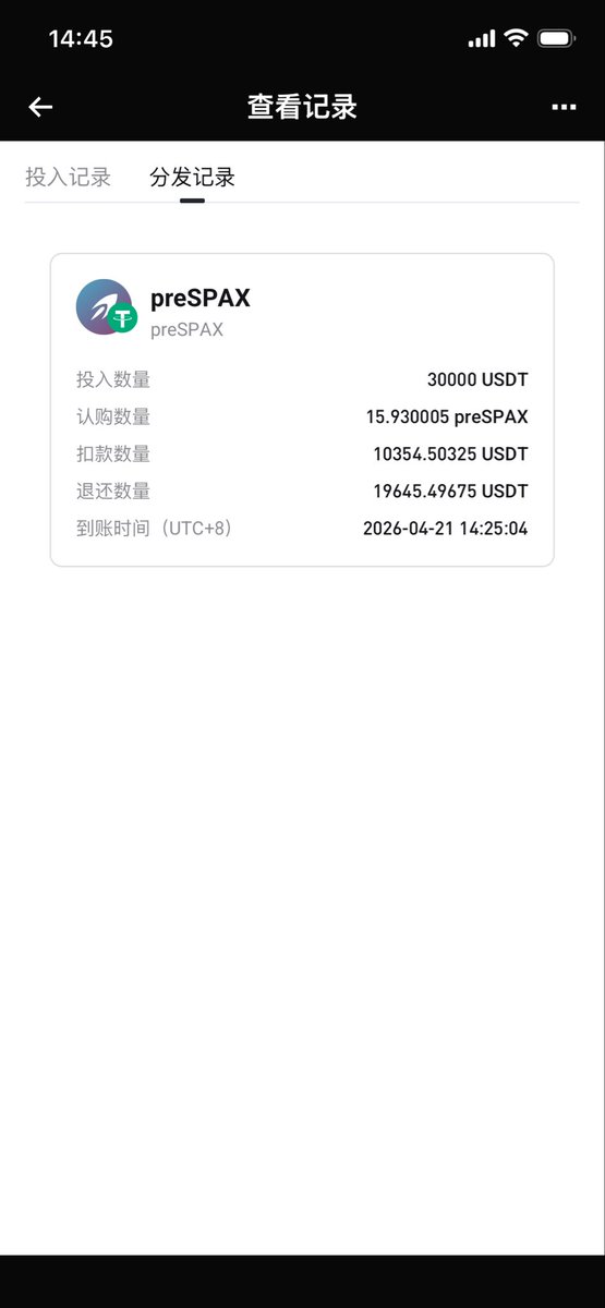 虽然说是18点结算，但是我现在拿到了 $preSPAX 
扣除10354.50325u，认购数量15.930005 preSPAX 
算上前几天空投的部分，成本大约648.81 / preSPAX 
如果按照盘前$710计算的话，大约总利润为974.76u