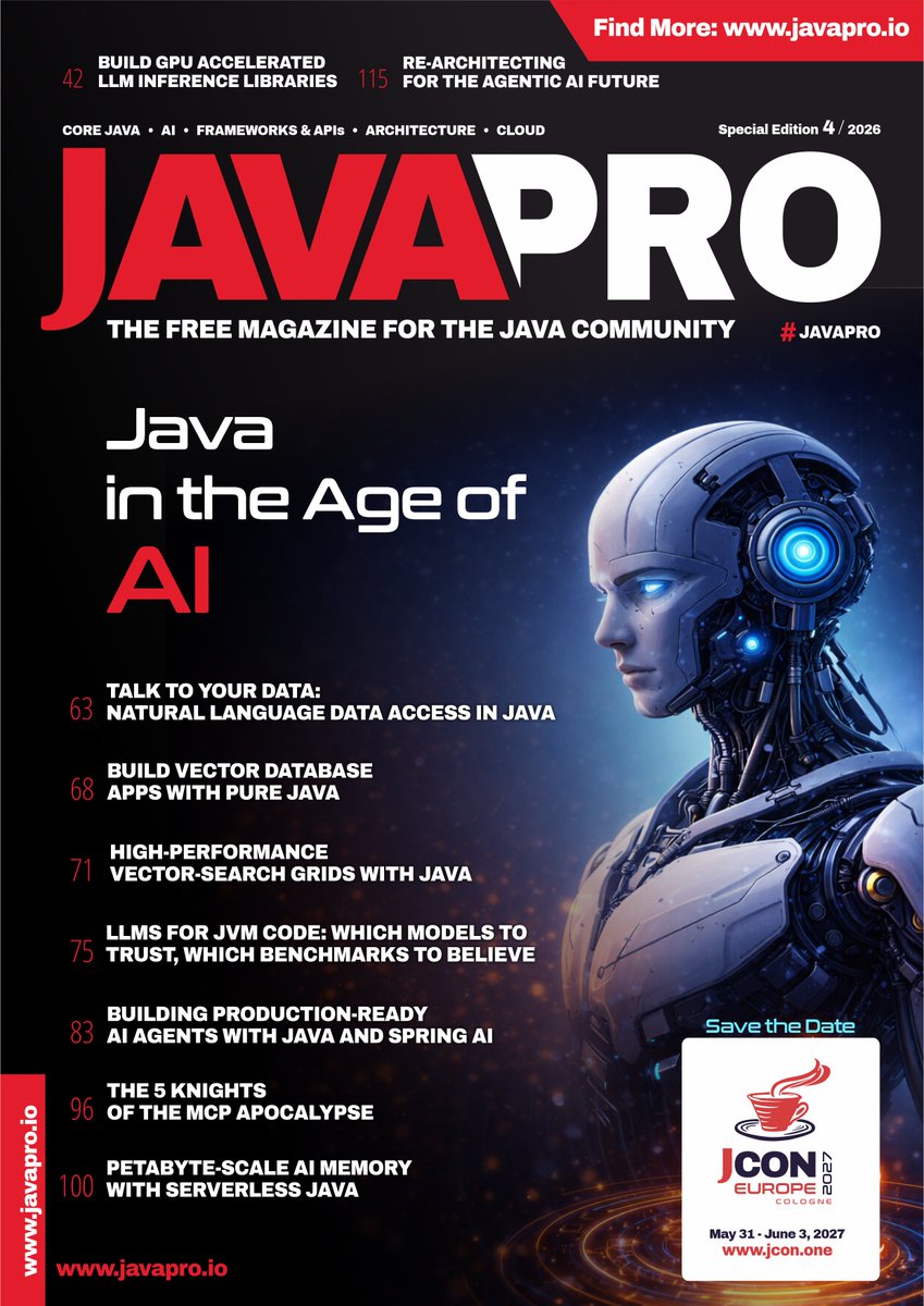 🚨 It’s real. It’s back. Good morning #JCON2026!

#JAVAPRO is in print again – &amp; this special edition hits hard: #Java in the Age of #AI, epic features, and dev stories that stick.

Fresh off the press, express to JCON EUROPE 2026. Limited run. Smells like ink &amp; impact.
Grab it