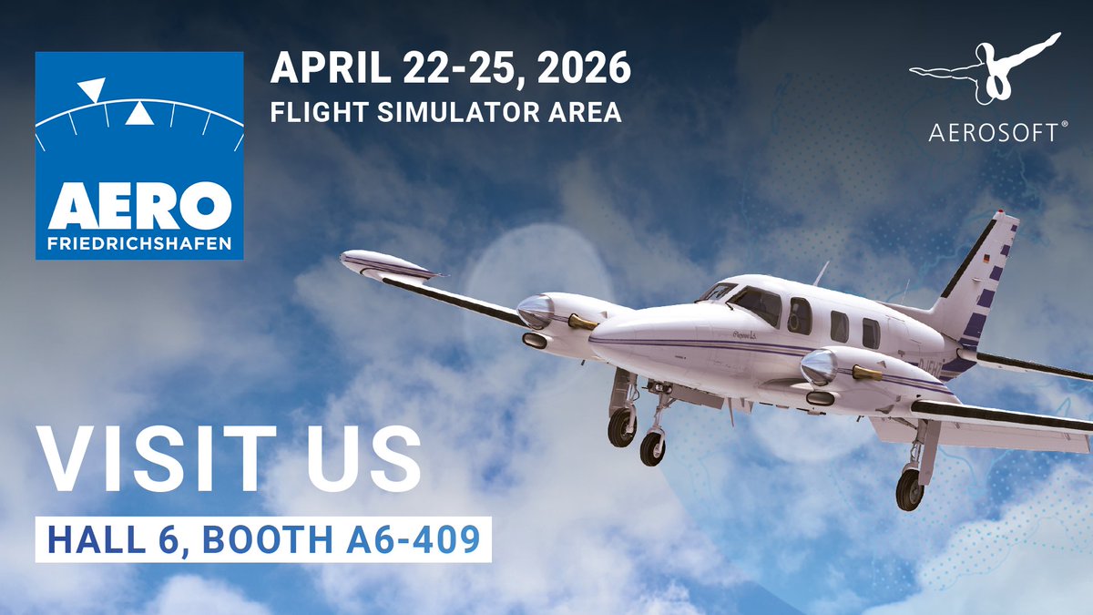AerosoftGmbH's tweet image. ✈️ Aerosoft Flight at AERO Friedrichshafen 2026!

📅 Apr 22–25
📍 Hall A6, Booth 409
Try RealSimGear G1000 &amp;amp; GTN750, Tobii Eye Tracker 5, Octavi IFR-1, Honeycomb setups &amp;amp; MSFS 2024.

Come say hello! ℹ️ aero-expo.com

#AERO2026 #AEROFriedrichshafen #FlightSimulation