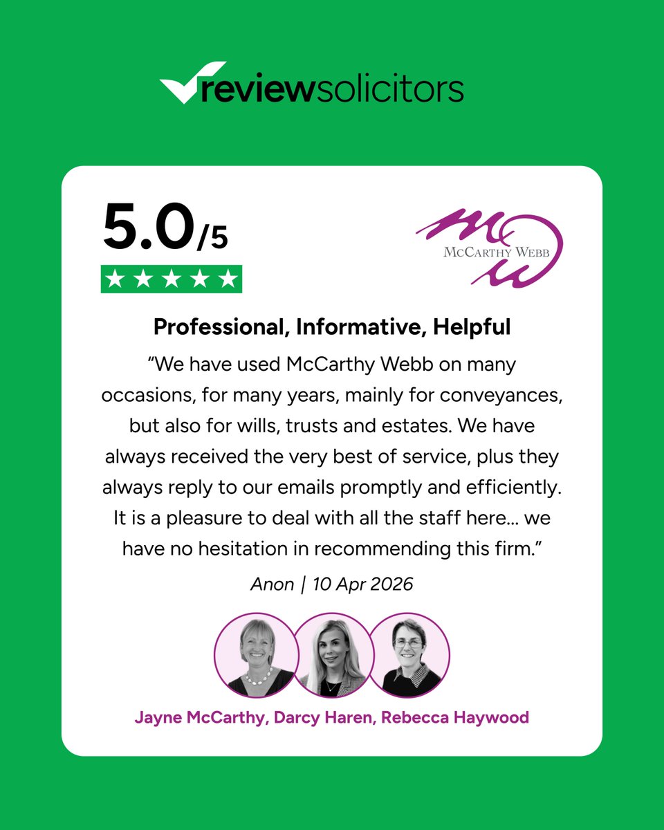 ReviewSolicitor's tweet photo. 🌟 5-Star Review for @McCarthyWebbSol!

A long-standing client praises their consistent, high-quality service across multiple areas of law, highlighting prompt communication, efficiency, and excellent overall care.

👏 Outstanding work!

#legal #uklaw #solicitors https://t.co/yz2i06tjZp