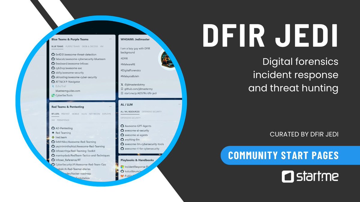 Need DFIR resources in one place?

DFIR Jedi brings together digital forensics, incident response, threat hunting, blue team, red team, and playbook resources in one organized page.
start.me/p/AD57Rr/dfir-…

#DFIR #CyberSecurity
