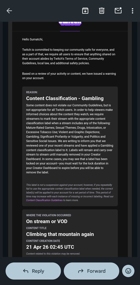 Sumatchi's tweet photo. My Celeste and Balatro stream just got flagged by Twitch for gambling. Lmao

Proof that this is all done by AI and the AI is starting to Crack lmao https://t.co/IllfCjZNjP