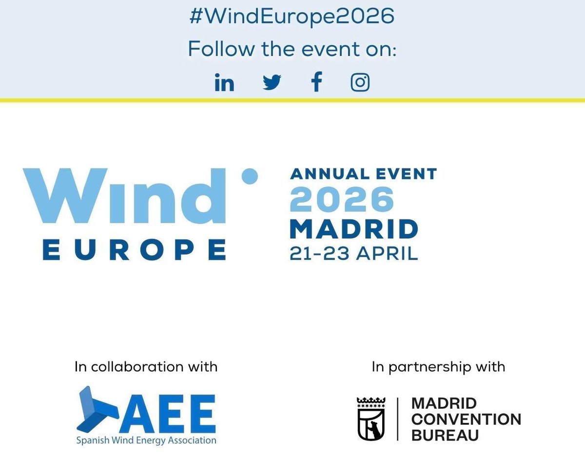 ETSIDI_UPM's tweet photo. ⚡🌍 WIND EUROPE ANNUAL EVENT 2026 en Madrid

📅 21–23 abril | 📍 IFEMA
+600 organizaciones y miles de oportunidades en energía renovable

🎓 Estudiantes: inscripción gratuita
✔️ Conferencias
✔️ Tendencias del sector
✔️ Networking europeo

🔗 https://t.co/IuAU5Gag83 https://t.co/QjzEbjGC2W