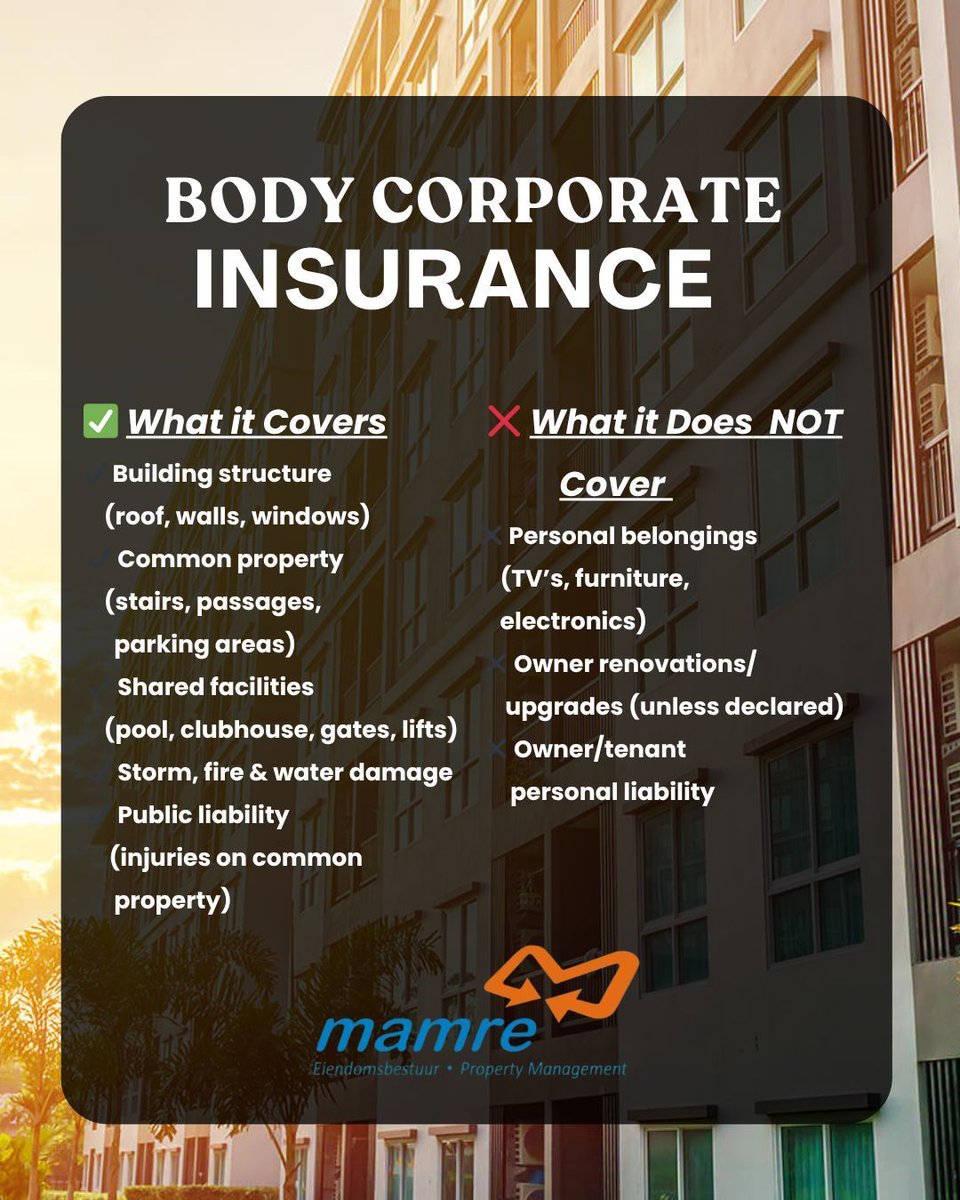 MamreProperty's tweet photo. 💡 Reminder:
Body Corporate insurance covers the building, but owners must still insure their contents and personal upgrades.

📌 Always read the policy schedule — assumptions can be expensive.

#BodyCorporate #HOA #PropertyManagement #SectionalTitle #InsuranceCover  #TrusteeTips https://t.co/AvriojRVg4