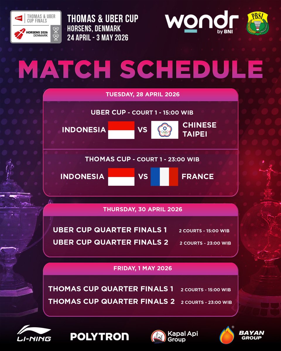 INABadminton's tweet photo. Catat jadwal tim Thomas &amp; Uber Indonesia di fase grup mulai tanggal 24-29 April dilanjutkan fase knockout.

Semangat dan selamat berjuang pasukan Merah-Putih!

#BadmintonIndonesia #ThomasUberCup2026 #TUC2026 #BNI46 https://t.co/Wp7WNwWbyz