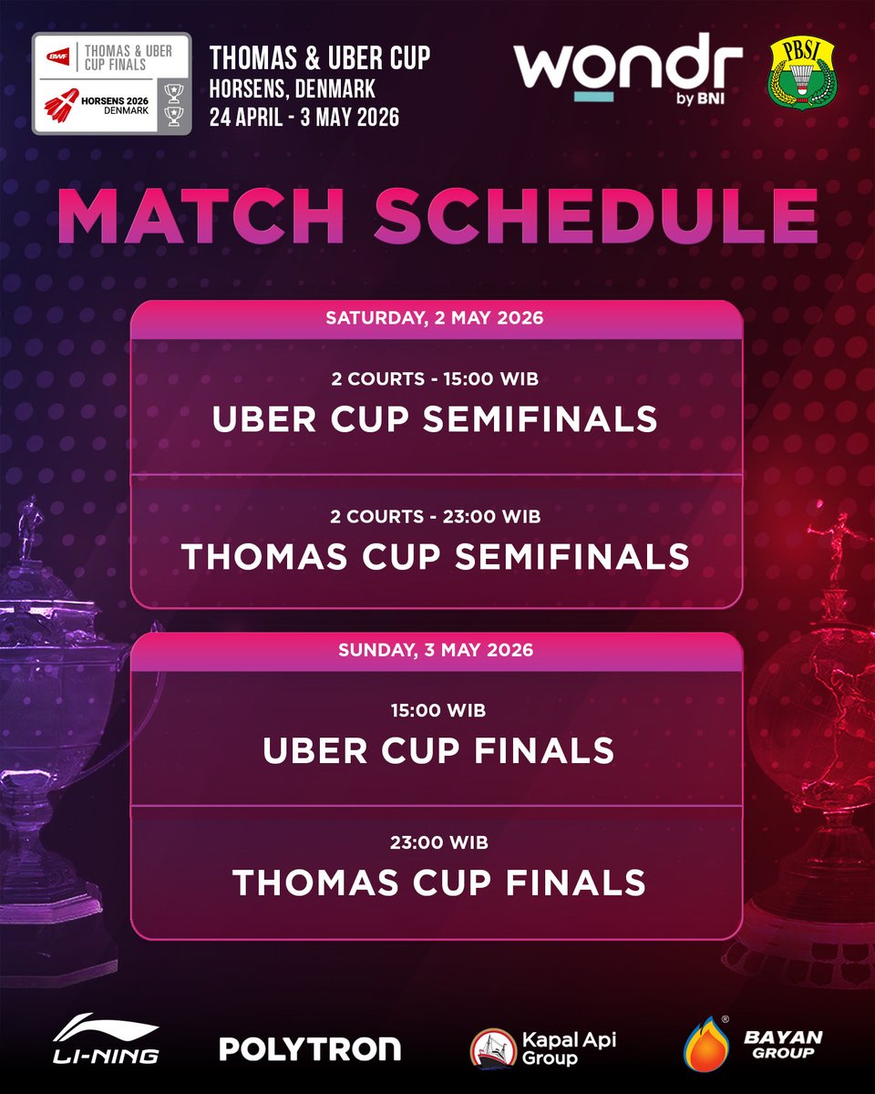 Catat jadwal tim Thomas &amp; Uber Indonesia di fase grup mulai tanggal 24-29 April dilanjutkan fase knockout.

Semangat dan selamat berjuang pasukan Merah-Putih!

#BadmintonIndonesia #ThomasUberCup2026 #TUC2026 #BNI46