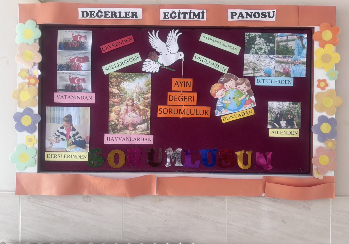 Değerler Eğitimi Panomuz,
Sorumlusun ; 

Öğretmenimiz Ayşe AVCU rehberliğinde hazırlanan “Sorumlusun” temalı değerler eğitimi panomuz, sorumluluk kavramına dikkat çekiyor.

Emeği geçen öğretmenimize ve öğrencilerimize teşekkür ediyoruz.

#değerlereğitimi
#sorumluluk 

<a href="/mktrky/">Muammer Köken</a>