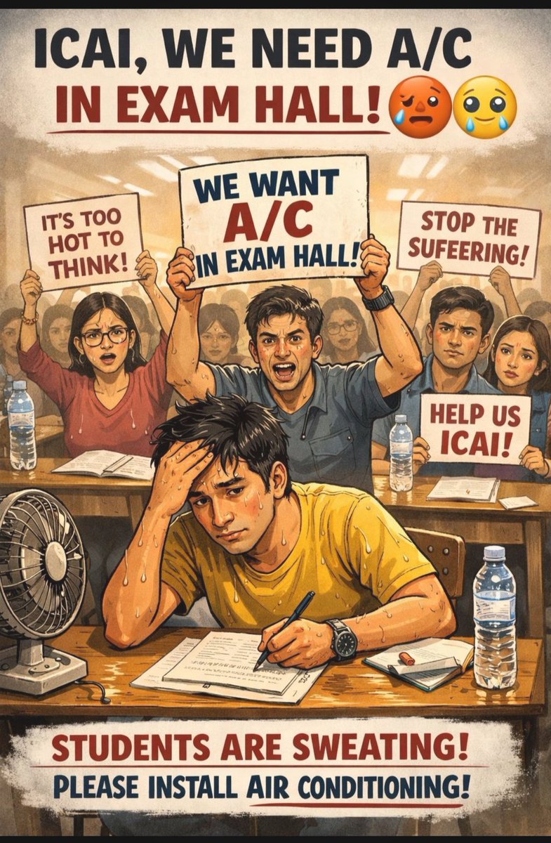 On behalf of thousands of CA students, we make an urgent and genuine request to the <a href="/theicai/">Institute of Chartered Accountants of India - ICAI</a> Examination Committee:

With the upcoming exams scheduled during peak summer, the extreme heat inside examination halls is making it very difficult to concentrate and perform at our best.