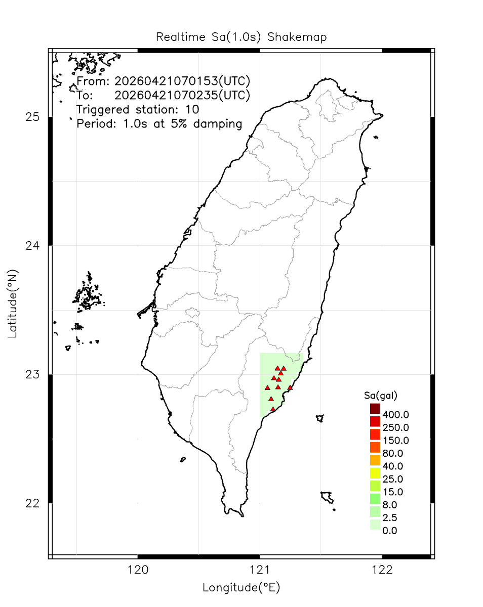 eew_p's tweet image. Automatically Plotted Shakemaps:
* 2026-04-21 15:02:35 (UTC+08:00, Taipei)
* Evt. 20260421150153, Final Report.
* Total 10 triggered stations

Note: These shakemaps are not yet confirmed, for reference only!
#地震 #台灣 #earthquake #Taiwan