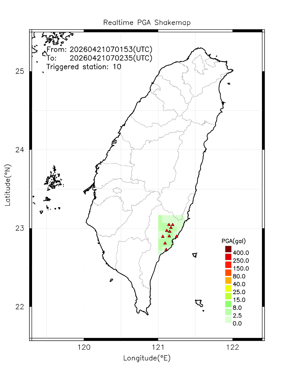 eew_p's tweet image. Automatically Plotted Shakemaps:
* 2026-04-21 15:02:35 (UTC+08:00, Taipei)
* Evt. 20260421150153, Final Report.
* Total 10 triggered stations

Note: These shakemaps are not yet confirmed, for reference only!
#地震 #台灣 #earthquake #Taiwan