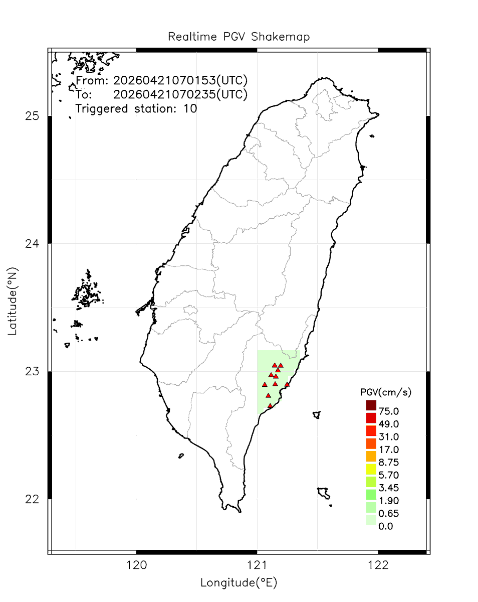 eew_p's tweet image. Automatically Plotted Shakemaps:
* 2026-04-21 15:02:35 (UTC+08:00, Taipei)
* Evt. 20260421150153, Final Report.
* Total 10 triggered stations

Note: These shakemaps are not yet confirmed, for reference only!
#地震 #台灣 #earthquake #Taiwan