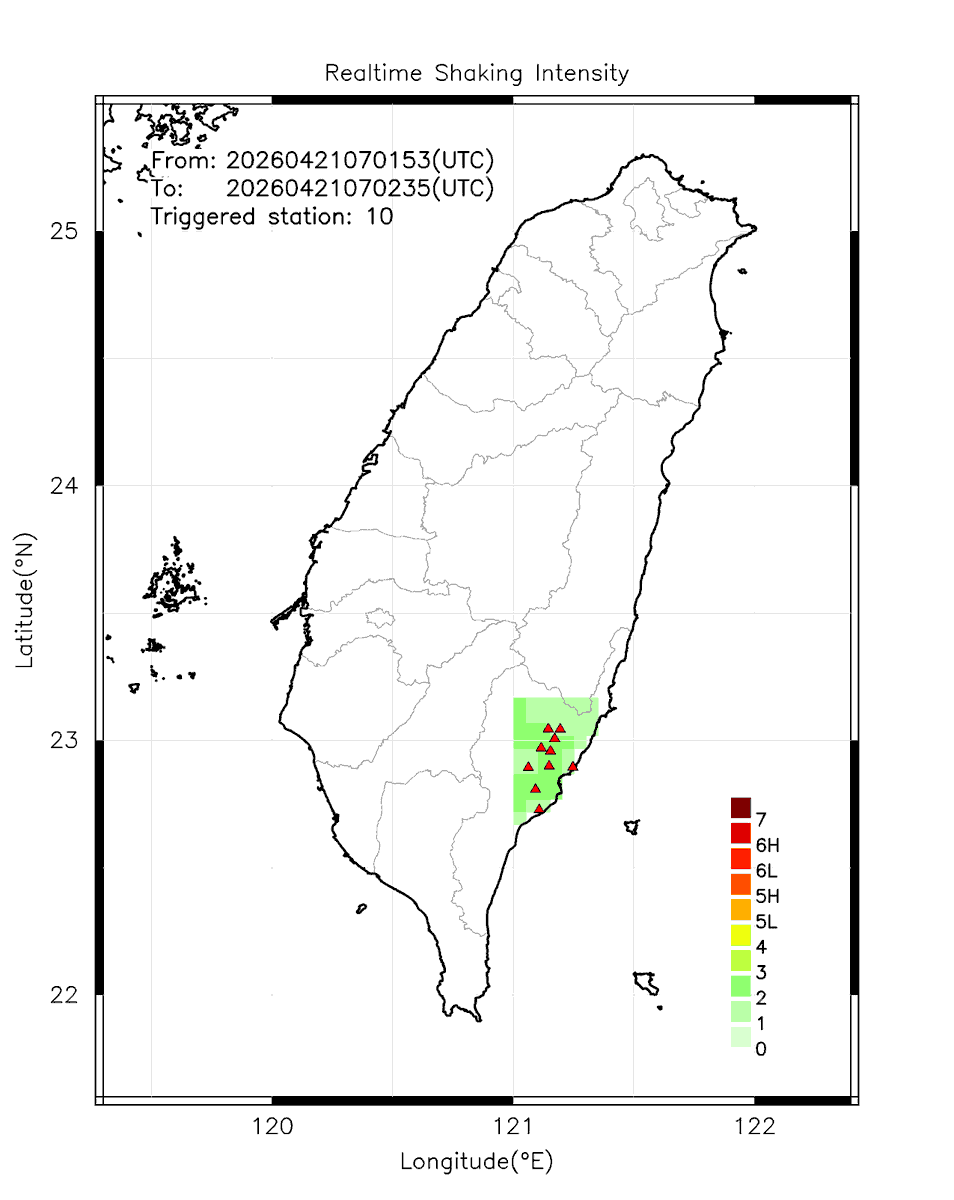 eew_p's tweet image. Automatically Plotted Shakemaps:
* 2026-04-21 15:02:35 (UTC+08:00, Taipei)
* Evt. 20260421150153, Final Report.
* Total 10 triggered stations

Note: These shakemaps are not yet confirmed, for reference only!
#地震 #台灣 #earthquake #Taiwan