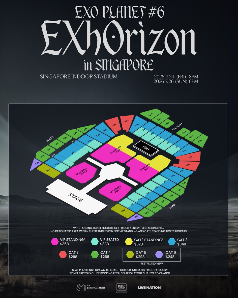 INFO ℹ️ | 260421 <EXO PLANET #6 - EXhOrizon> Concert Tour in Singapore 🇸🇬 (Additional Show)

📅 Day 1: July 24, 2026 (Added Show) 
Day 2: July 26, 2026
⏰ Day 1: 9PM
Day 2: 7PM KST
📍Singapore Indoor Stadium
🎫 General sales: Apr 22, 1PM KST via
ticketmaster.sg

#EXO