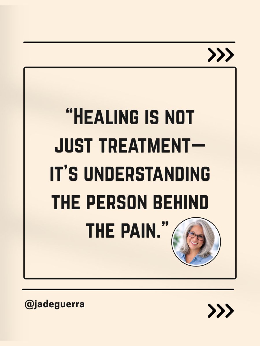jadeguerrareal's tweet image. Healing goes beyond treatment—it’s about truly understanding the person behind the pain. 💙
Jade Guerra believes in care that listens, connects, and heals from within.
#JadeGuerra #HealingJourney #HolisticHealth #PatientCare #WellnessMatters