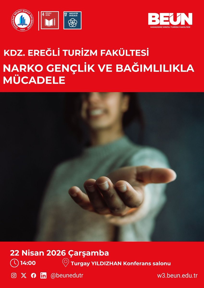Beun_Turizm's tweet image. Narko Gençlik ve Bağımlılıkla Mücadele etkinliği 22 Nisan 2026 Çarşamba günü saat 14:00'te Turgay Yıldızhan Konferans Salonu'nda gerçekleştirilecektir. Tüm öğrencilerimizi bekleriz. 

#BEUN 
@ihozolcer 
@beunedutr
#İlkİlİlkÜniversite #GelecekBuradaŞekillenir