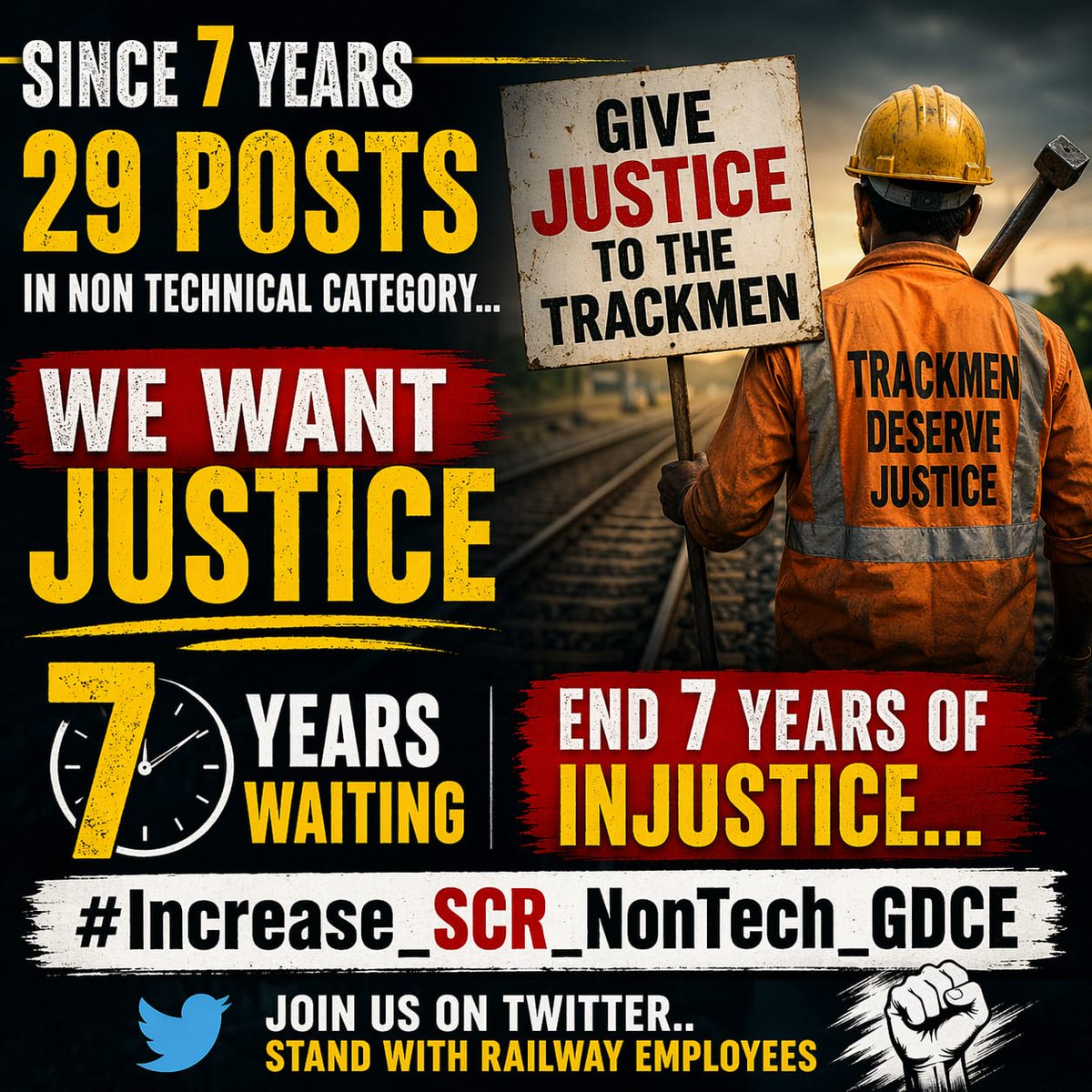 #Increase_SCR_NonTech_GDCE

We demand Justice for SCR  GDCE Aspirants...In the last years only 6 s
Station master &amp; 23 GMT Vacancies in SCR GDCE ! 
Increase Vacancies and ensure fair opportunities.
<a href="/RailMinIndia/">Ministry of Railways</a> <a href="/PMOIndia/">PMO India</a> <a href="/gmscrailway/">General Manager,South Central Railway</a> <a href="/cposcrsc/">CPO SC Railways</a> <a href="/AshwiniVaishnaw/">Ashwini Vaishnaw</a> <a href="/RahulGandhi/">Rahul Gandhi</a>